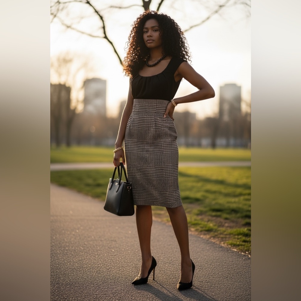 Elegant Black and Gray Plaid Women's Dress Skirt one piece☑️VEN09 - Picture 3 of 9